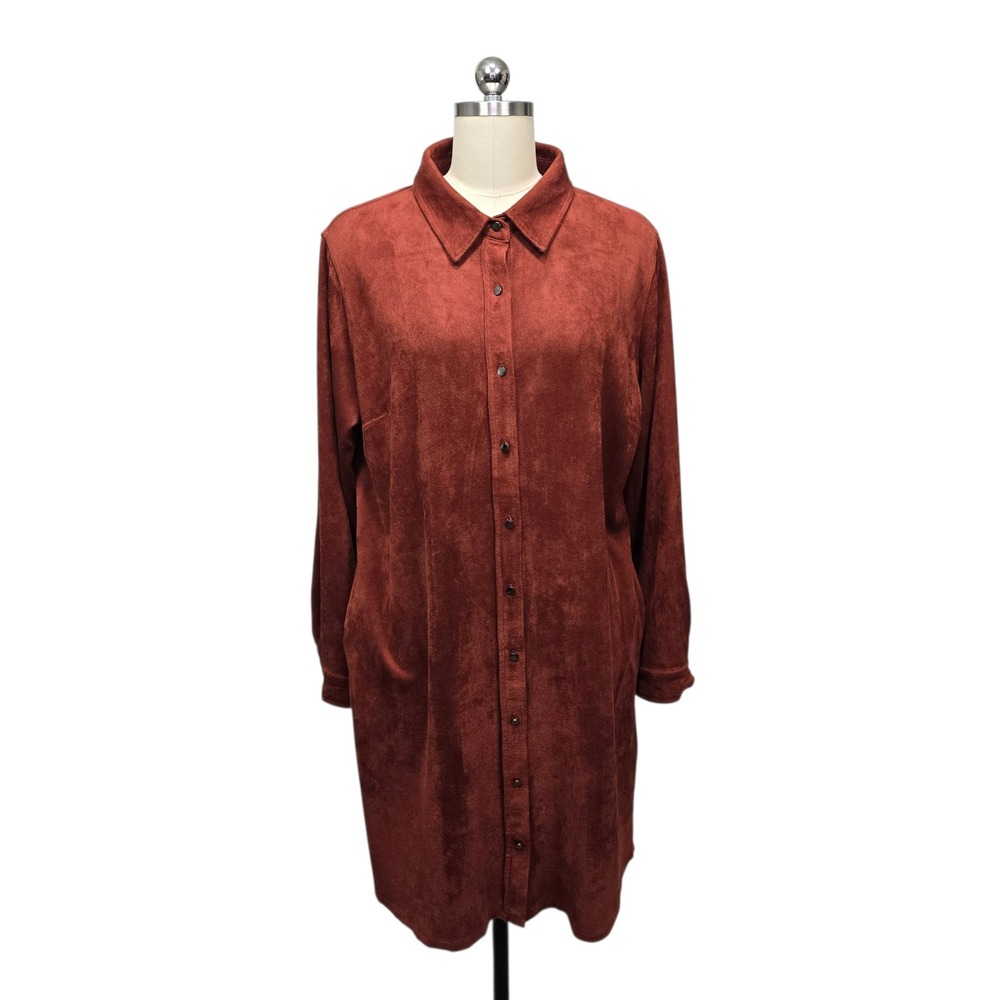Soft‎ Surroundings Rust Orange Faux Suede Button Front Shirt Dress Womens Large
